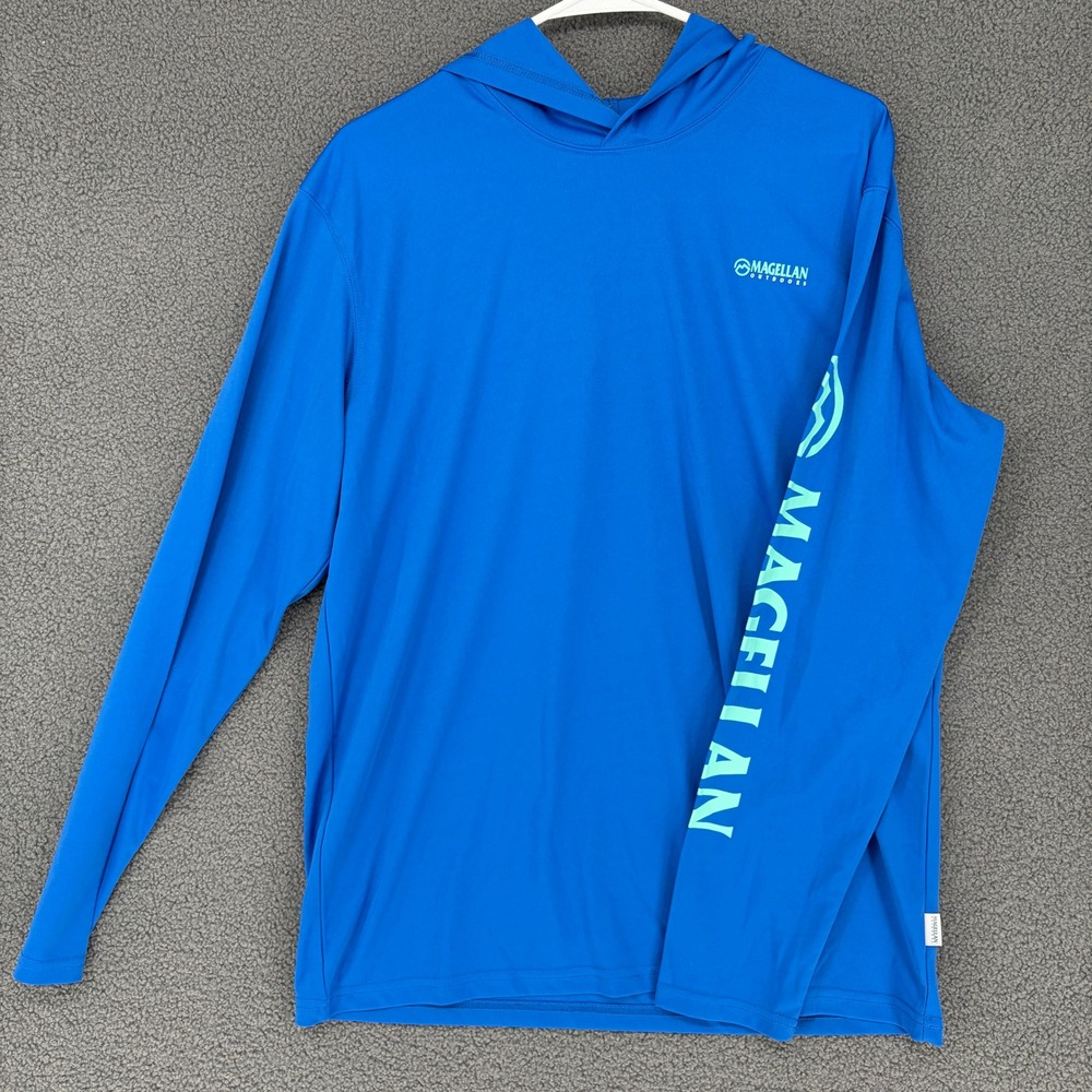 Magellan Outdoors Fish Gear Mens Blue Hooded Fishing Shirt Medium RN 098223